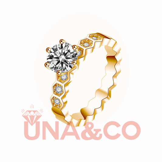 18K Yellow Gold Six Prong Delicate Honeycomb Moissanite Ring