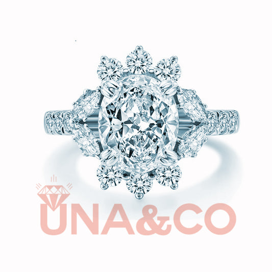 Luxury Flower Oval Created CVD Diamond Engagement Halo Ring