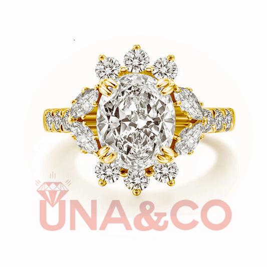 18K Yellow Gold Luxury Flower Oval Created Moissanite Engagement Halo Ring