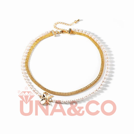 Double Chain Pearl Bow Collarbone Necklace