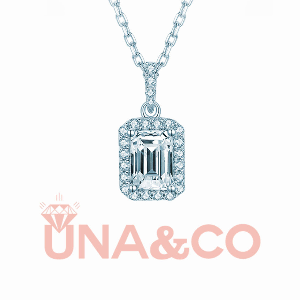 Shimmering Emerald Cut Halo Necklace